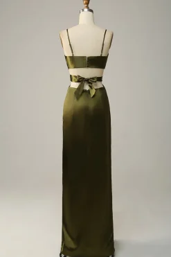 Vestidos Para Casamento Convidada Eucalipto Longo Decote em V Cetim