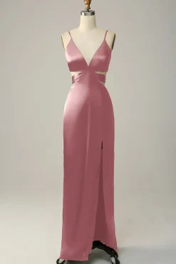 Vestidos Para Casamento Convidada Eucalipto Longo Decote em V Cetim