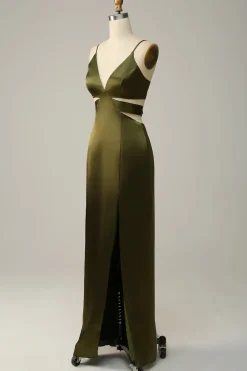 Vestidos Para Casamento Convidada Eucalipto Longo Decote em V Cetim