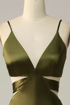 Vestidos Para Casamento Convidada Eucalipto Longo Decote em V Cetim