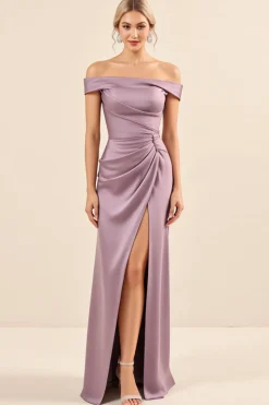 Vestidos Para Casamento Convidada Vintage Mauve Bainha Longo Fora do Ombro Cetim