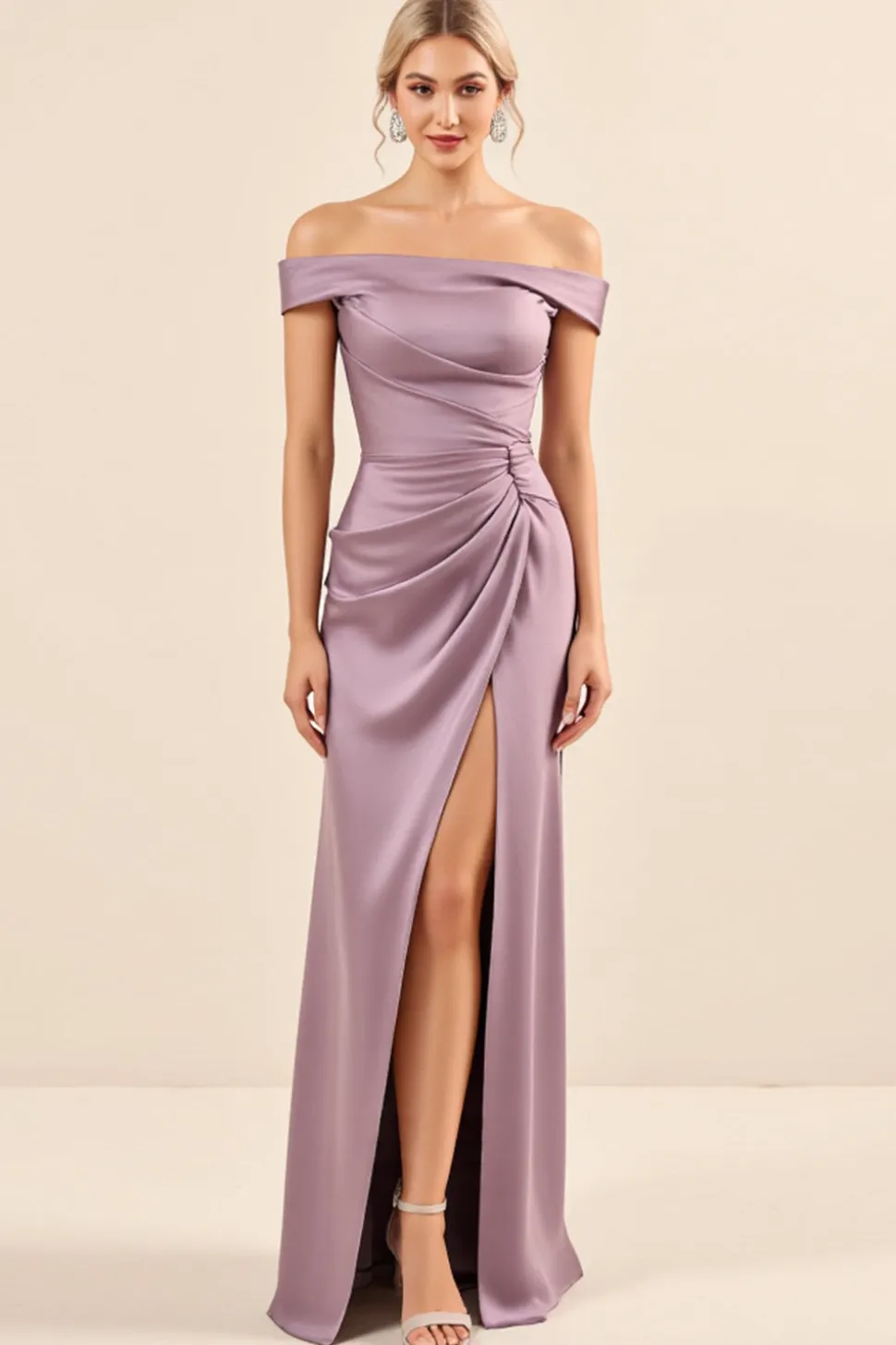 Vestidos Para Casamento Convidada Vintage Mauve Bainha Longo Fora do Ombro Cetim