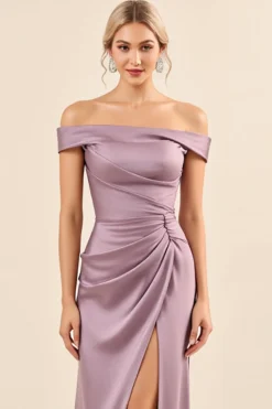 Vestidos Para Casamento Convidada Vintage Mauve Bainha Longo Fora do Ombro Cetim