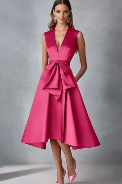 Vestidos Para Casamento Convidada Decote em V Midi Fúcsia Cetim Linha-A