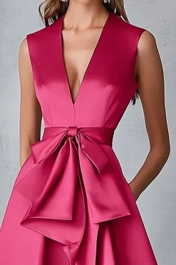 Vestidos Para Casamento Convidada Decote em V Midi Fúcsia Cetim Linha-A