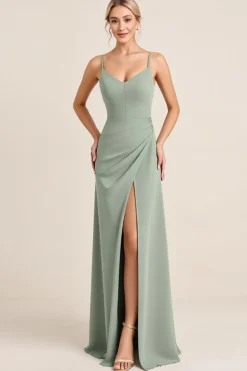 Vestidos Para Casamento Convidada com Fenda Matcha Bainha Alças Finas Longo
