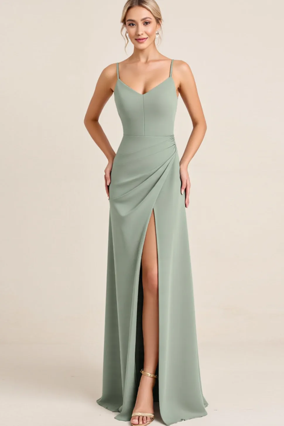 Vestidos Para Casamento Convidada com Fenda Matcha Bainha Alças Finas Longo