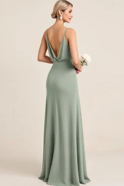Vestidos Para Casamento Convidada com Fenda Matcha Bainha Alças Finas Longo
