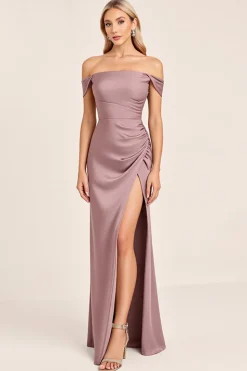 Vestidos Para Casamento Convidada Malva com Fenda Vintage Cetim Fora do Oombro Longo