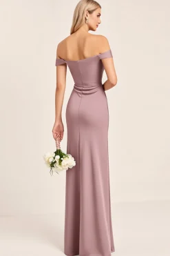 Vestidos Para Casamento Convidada Malva com Fenda Vintage Cetim Fora do Oombro Longo