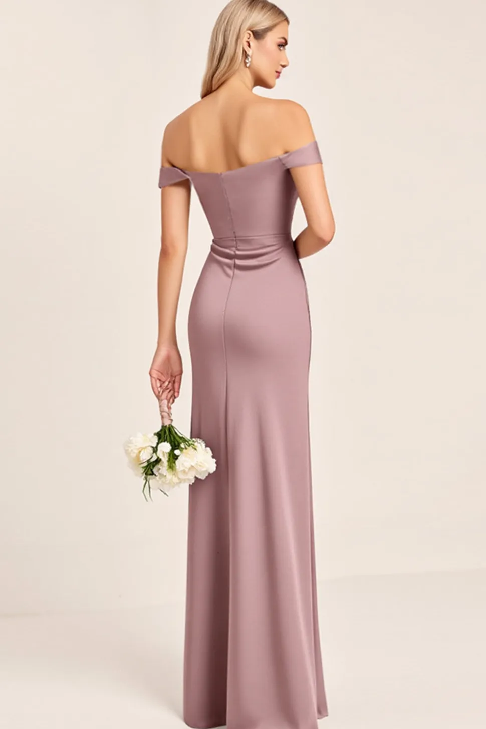 Vestidos Para Casamento Convidada Malva com Fenda Vintage Cetim Fora do Oombro Longo