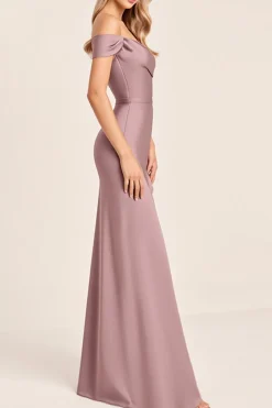 Vestidos Para Casamento Convidada Malva com Fenda Vintage Cetim Fora do Oombro Longo