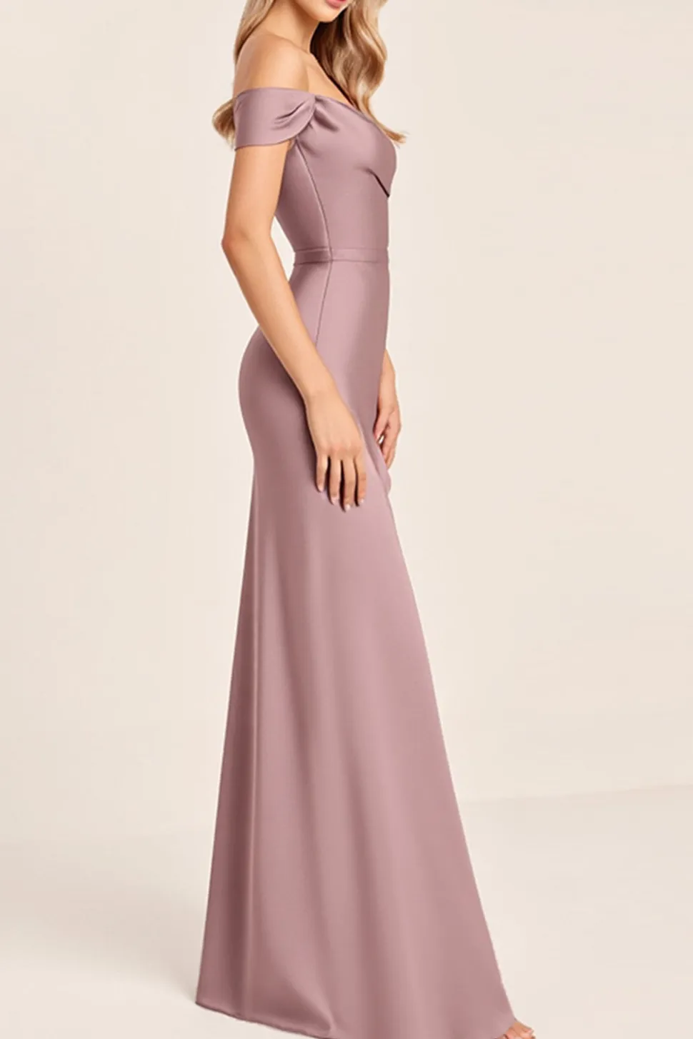 Vestidos Para Casamento Convidada Malva com Fenda Vintage Cetim Fora do Oombro Longo