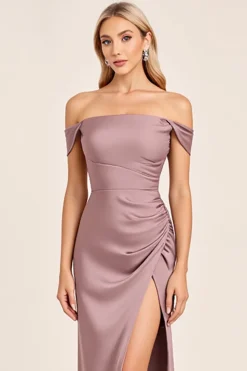 Vestidos Para Casamento Convidada Malva com Fenda Vintage Cetim Fora do Oombro Longo