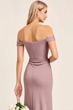 Vestidos Para Casamento Convidada Malva com Fenda Vintage Cetim Fora do Oombro Longo