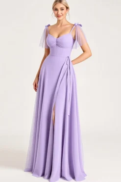 Vestidos Para Casamento Convidada com Fenda Chiffon Lilás Linha-A Longo Alças Finas