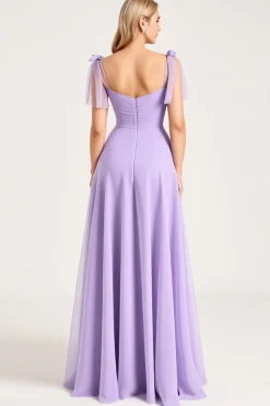 Vestidos Para Casamento Convidada com Fenda Chiffon Lilás Linha-A Longo Alças Finas