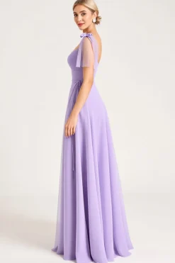 Vestidos Para Casamento Convidada com Fenda Chiffon Lilás Linha-A Longo Alças Finas