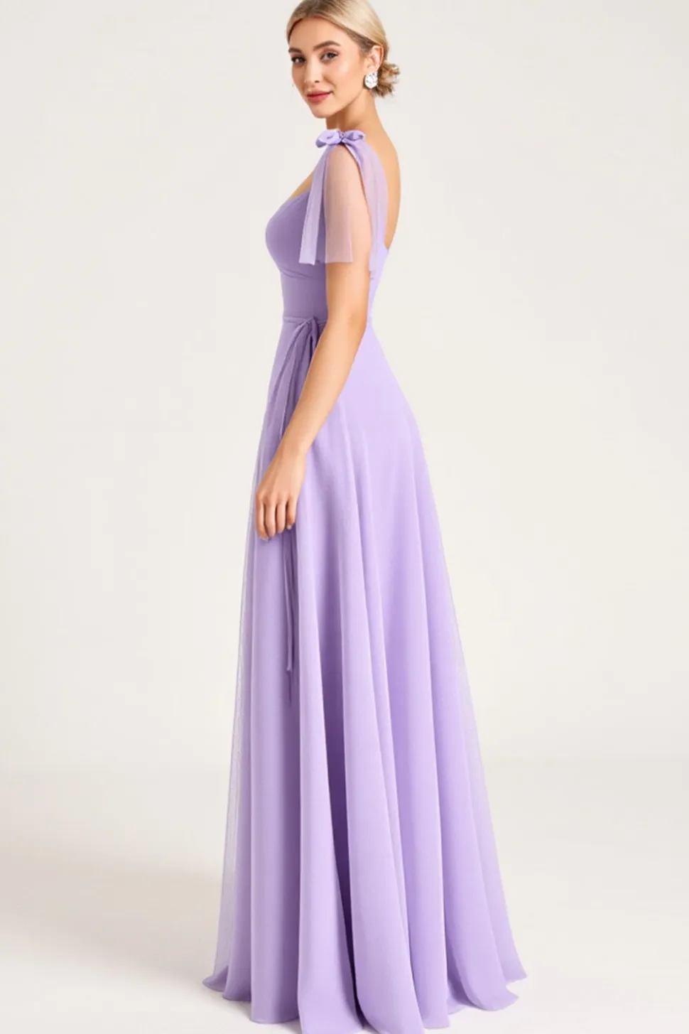 Vestidos Para Casamento Convidada com Fenda Chiffon Lilás Linha-A Longo Alças Finas