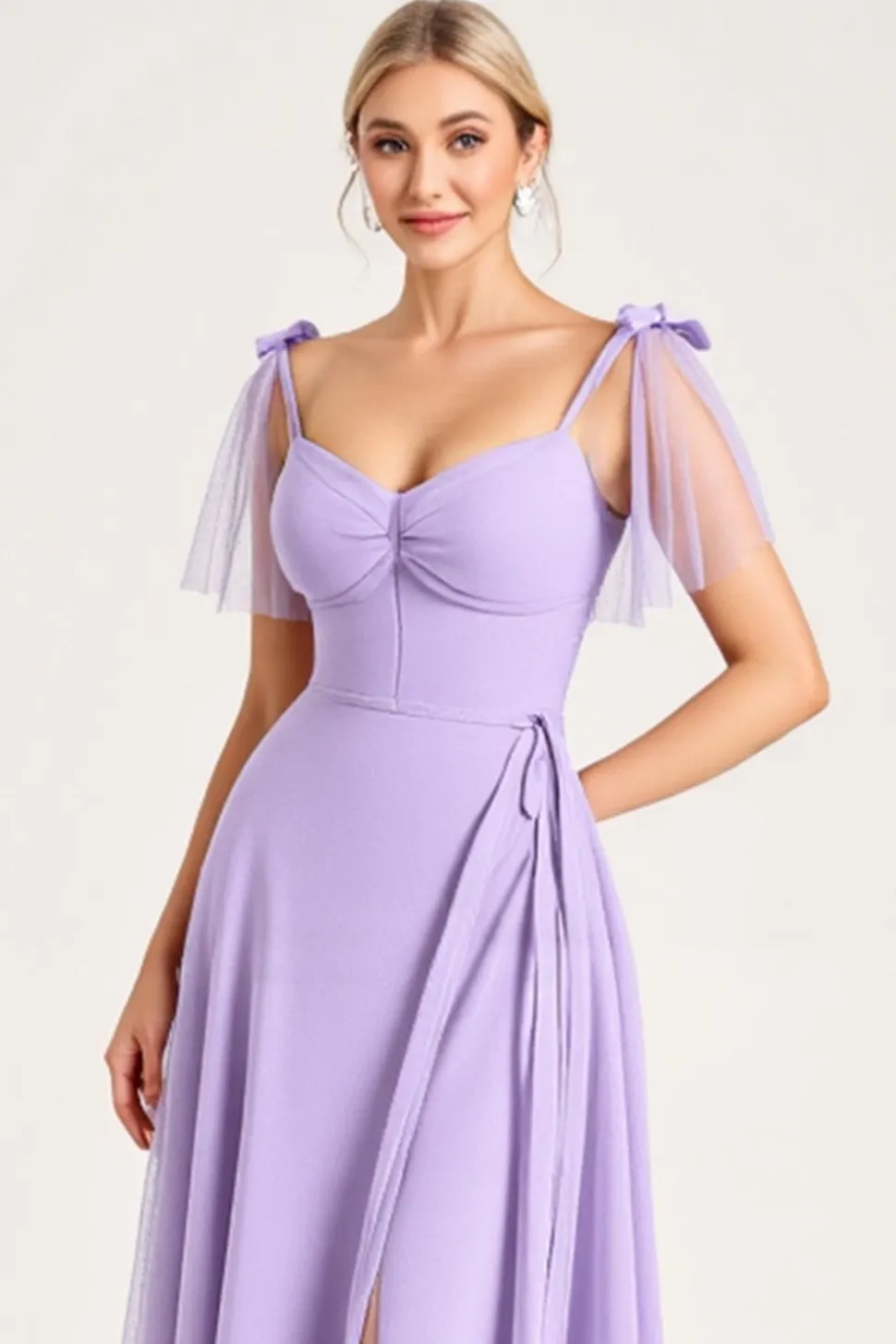 Vestidos Para Casamento Convidada com Fenda Chiffon Lilás Linha-A Longo Alças Finas