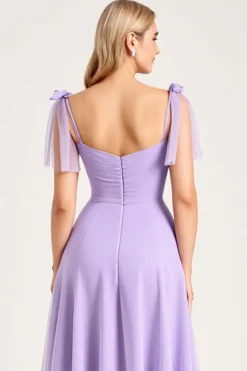 Vestidos Para Casamento Convidada com Fenda Chiffon Lilás Linha-A Longo Alças Finas
