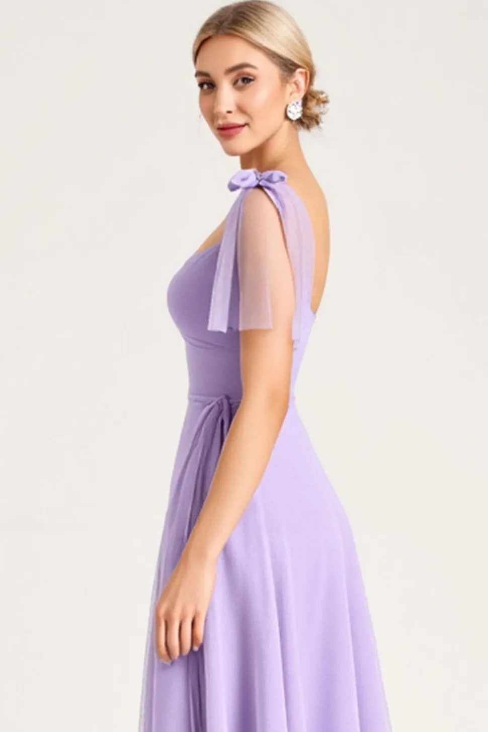 Vestidos Para Casamento Convidada com Fenda Chiffon Lilás Linha-A Longo Alças Finas