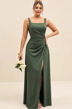 Vestidos Para Casamento Convidada com Fenda Azeitona Bainha Cetim Longo