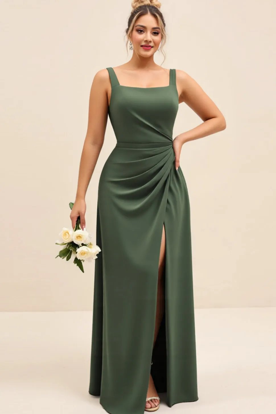 Vestidos Para Casamento Convidada com Fenda Azeitona Bainha Cetim Longo