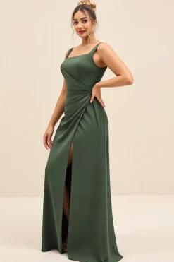 Vestidos Para Casamento Convidada com Fenda Azeitona Bainha Cetim Longo