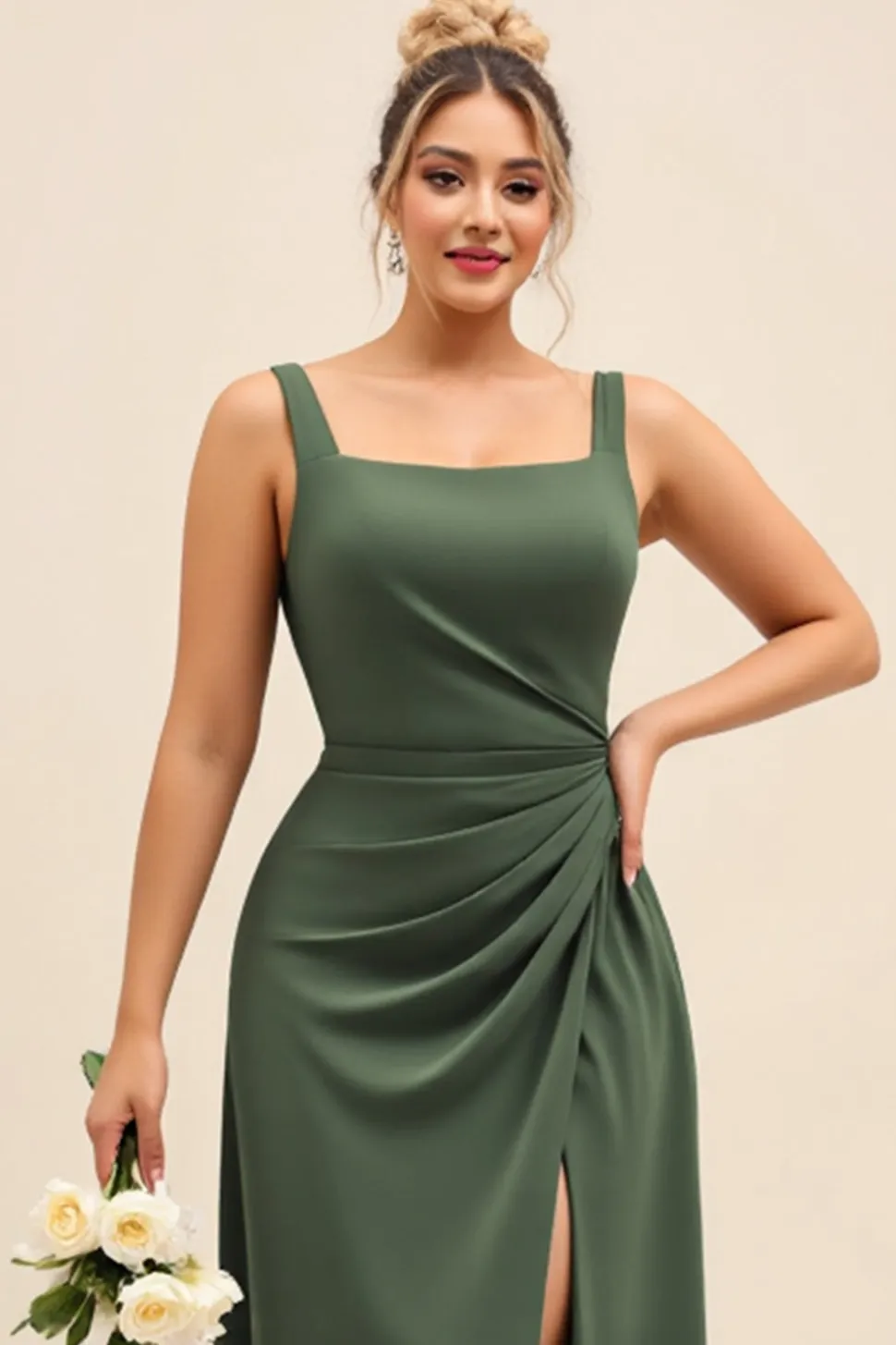Vestidos Para Casamento Convidada com Fenda Azeitona Bainha Cetim Longo