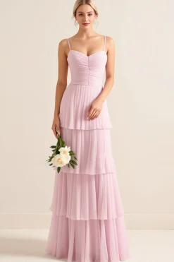 Vestidos Para Casamento Convidada Rosa Doce Longo Alças Finas Linha-A