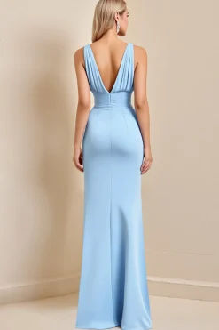 Vestidos Para Casamento Convidada com Fenda Bainha Azul Céu Longo Ruched