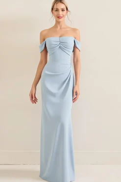 Vestidos Para Casamento Convidada Céu Azul Fora do Ombro Chiffon Longo