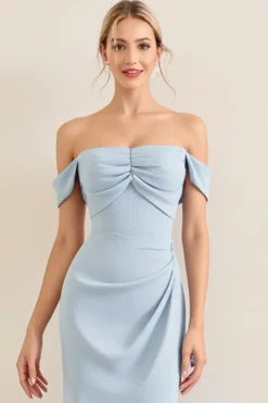 Vestidos Para Casamento Convidada Céu Azul Fora do Ombro Chiffon Longo