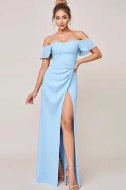 Vestidos Para Casamento Convidada com Fenda Bainha Azul Céu Babado Fora do Ombro Longo