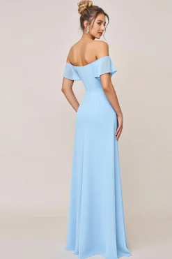 Vestidos Para Casamento Convidada com Fenda Bainha Azul Céu Babado Fora do Ombro Longo