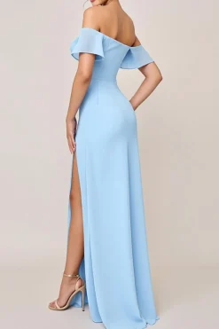 Vestidos Para Casamento Convidada com Fenda Bainha Azul Céu Babado Fora do Ombro Longo
