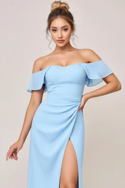 Vestidos Para Casamento Convidada com Fenda Bainha Azul Céu Babado Fora do Ombro Longo