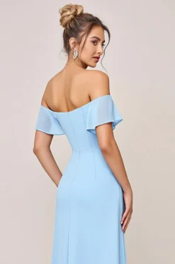 Vestidos Para Casamento Convidada com Fenda Bainha Azul Céu Babado Fora do Ombro Longo