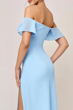 Vestidos Para Casamento Convidada com Fenda Bainha Azul Céu Babado Fora do Ombro Longo
