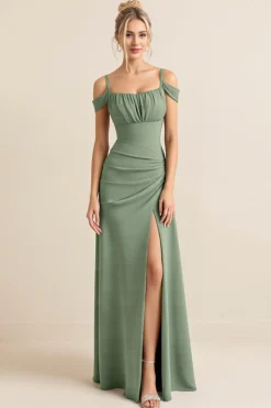 Vestidos Para Casamento Convidada com Fenda Bainha Eucalipto Ombro Frio Ruched Longo