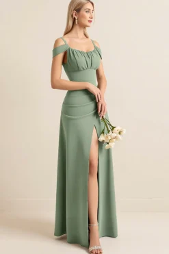 Vestidos Para Casamento Convidada com Fenda Bainha Eucalipto Ombro Frio Ruched Longo