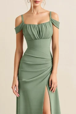 Vestidos Para Casamento Convidada com Fenda Bainha Eucalipto Ombro Frio Ruched Longo
