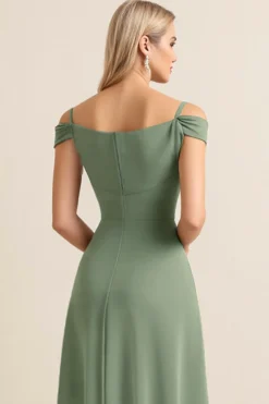 Vestidos Para Casamento Convidada com Fenda Bainha Eucalipto Ombro Frio Ruched Longo