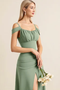 Vestidos Para Casamento Convidada com Fenda Bainha Eucalipto Ombro Frio Ruched Longo