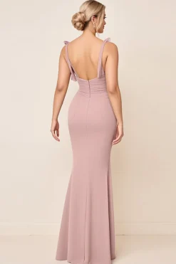 Vestidos Para Casamento Convidada com Fenda Rosa Poeirenta Alças Finas Ruched