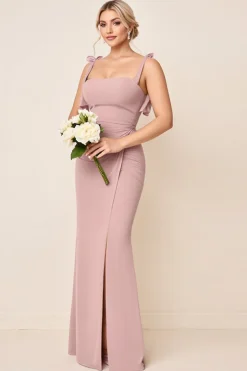 Vestidos Para Casamento Convidada com Fenda Rosa Poeirenta Alças Finas Ruched