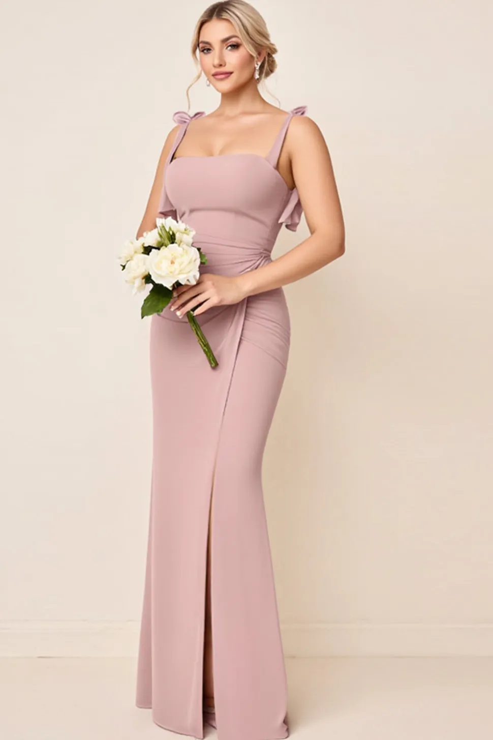 Vestidos Para Casamento Convidada com Fenda Rosa Poeirenta Alças Finas Ruched