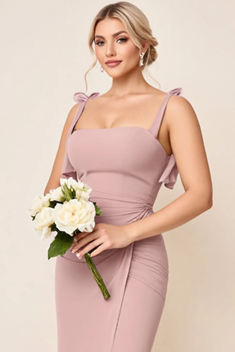 Vestidos Para Casamento Convidada com Fenda Rosa Poeirenta Alças Finas Ruched