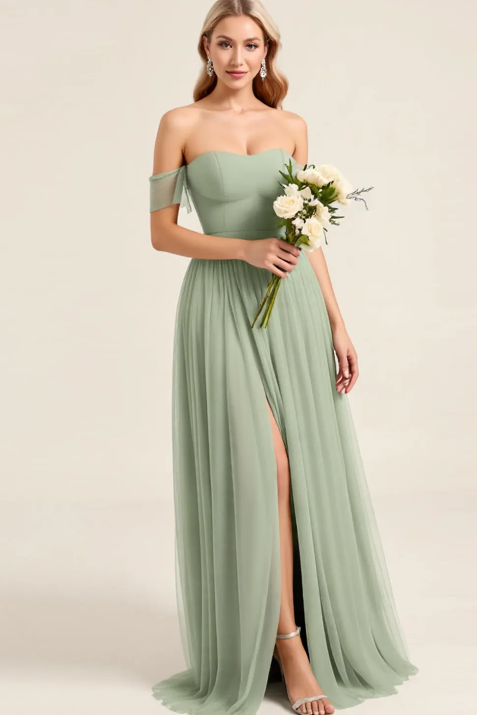 Vestidos Para Casamento Convidada Matcha Chiffon Linha-A Fora do Ombro Longo